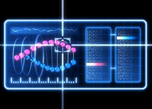 Drucke von Konzeptuelle Darstellung der genetischen Sichtung mit einer DNA-Molekül und dem Gencode sowie einem Cursor, der eine von den DNA-Sphären verfolgt Bilder Datiert 2010 August: Genetische Screenings