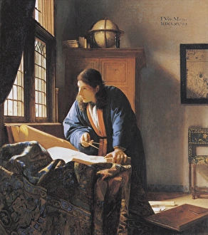 Drucke von Der Geograph ist ein Kunstwerk des 17. Jahrhunderts von dem niederländischen Maler Johannes Vermeer (1632-1675) Johannes Vermeer Drucke: Der Geograph, Kunstwerk des 17.Jh.