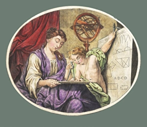 Drucke von Geometrieunterricht mit historischem Kunstwerk: Allegorische Darstellung einer Mutter ihr Sohn die Geometrie lehrt. Sie verwendet einen Kompass Bilder Datiert 2008 Oktober: Geometrieunterricht