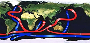 Drucke von Die globale Ozeanzirkulation. Satellitenbild der Erde aus dem All mit einer Karte der Ozeanzirkulation. Die Meeresströmungen fließen um die Welt herum wegen Unterschiede in Temperatur und Salinität Bilder Datiert 2005 Juli: Weltenozeanzirkulation