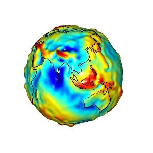 Drucke von Die Schwerkraftkarte der Erde. Ein Computermodell zeigt die Variation des Erdmagnetfeldes um den Asiabereich herum. Die Farben repräsentieren die Anomalie der Schwerkräfte, d.h Bilder Datiert 2013 Dezember: Gravitationskarte der Erde C018/9376