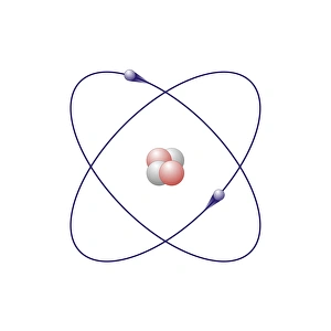 Drucke von Helium, Atommuster. Helium hat zwei Neutronen (weiß) und zwei Protonen (rot) im Kern. Der Atom besteht auch aus zwei Elektronen (blau), die um den Kern kreisen Bilder Datiert 2010 November: Helmstoff, atomarer Modell