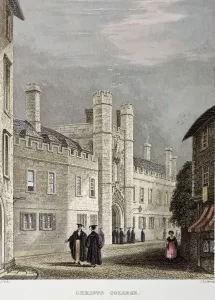 Drucke von Eine Kupferstich von Le Keux nach einem Gemälde von I.A. Bell mit Handfarben, betitelt 'Christs College 1838' S Drucke: 1838 Darwins Christ College Cambridge