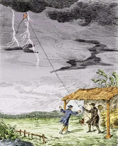 Drucke von Benjamin Franklins Blitzversuchkunstwerk mit farbigem Porträt von Benjamin Frankl und seinem 21-jährigen Sohn William im Jahr 1752 während eines Sturms beim Fliegen einer Kette Benjamin Franklin Drucke: Franklins Sturzregenversuch 1752