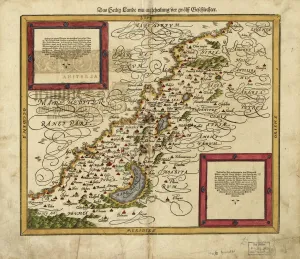 Drucke von Die Karte Palästinas aus dem 16. Jahrhundert zeigt die Geografie des Landes mit Schwerpunkt auf der später zum Staat Israel gewordenen Gegend M Drucke: Karte Palästinas, 1588