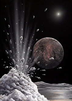 Drucke von Ein Eisvulkano ausbricht auf Charon, Kunstwerk. Charon ist der größte Mond des Riesenplaneten Pluto (rot, rechts mittig) Bilder Datiert 2008 Mai: Eisvulkan auf Charon, Kunstwerk