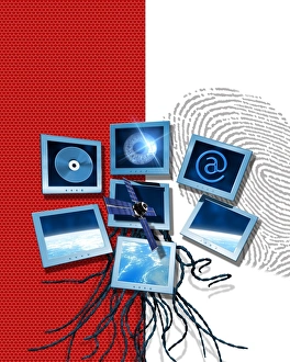 Drucke von Identifikations- und Überwachungstechnologie sowie Computerkunstwerke. Die Technologien gezeigt hier umfassen Satellitenbildgebung, Irisuntersuchungen und Fingerabdruckaufnahmen Bilder Datiert 2008 Mai: Identifikations- und Überwachungstechnologie
