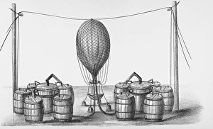 Drucke von Inflation eines Luftballons. Historische Darstellung der Inflation einer Gasmuschel. Der Ballon wird von einem Seil befestigt das zwischen zwei Polen ausgestreckt ist Bilder Datiert 2003 Juli: Luftballon aufblähen