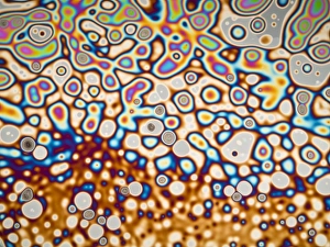 Drucke von Störungsmuster. Lichtmikroskopische Darstellung von Störungsmustern auf einer Seife. Die verschiedenen Farben sind aufgrund der Interferenz reflektierter Lichtwellen zu erklären Bilder Datiert 2010 April: Störungsmuster