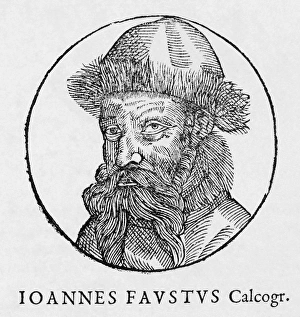 Woodcut Illustration Art Drucke: Johann Faust, German printer