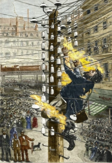Drucke von John Feeks wird von Wechselstrom elektriziert; In Lower Manhattan, New York, USA, 1889: Western Union Linienarbeiter John Feeks wurde durch Alternierungsstrom (AC) Kabel getötet Thomas Edison Drucke: Johann FEEKS wird elektrisiert, 1889