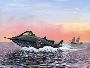 Drucke von Das U-Boot Nautilus. Kunstwerk des Unterseebootes Nautilus, das sich schnell nach dem Versenkung eines Schiffes über die Oberfläche bewegt V Drucke: Die Jules-Vernes-Untersuchungsboot-Nautilus, Kunstwerk