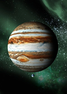 Drucke von Jupiter und Erde, Rechnerzeichnung mit Jupiter im Mittelpunkt und der Erde in unterem Mittelpunkt zu Maßstäbengleichung Bilder Datiert 2010 August: Jupiter und Erdkarte