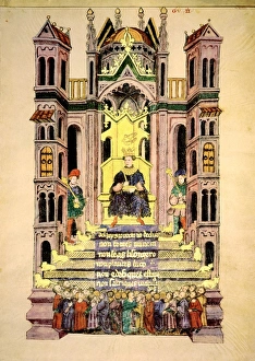 Drucke von König Salomos Sitz im Alba-Bibel-Manuskript aus dem 15.Jh., ein illustrierter Miniaturteil von König Solomon (Erster Buch der Könige) Bilder Datiert 2013 März: König Salomos Sitz, Gemälde aus dem Jahr 1430