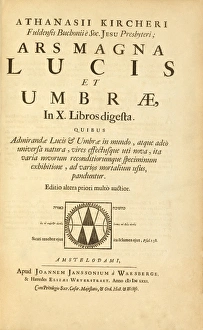 Drucke von Kirkers Buch über Optik. Titelseite der 1671er Ausgabe von Ars Magna Lucis et Umbrae (Das Große Licht- und Dunkelkunstwerk) des deutschen Jesuiten Athanasius Kircher (um 1601-1680) Athanasius Kircher Drucke: Kirchers Buch über Optik, 1671 Ausgabe.