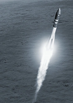 Start des Kosmosaften Raumschiffs Vostok 1 mit Kunstwerk