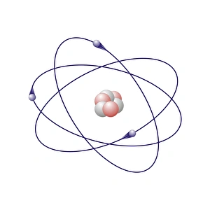 Drucke von Lithium hat drei Neutronen (weiß) und drei Protonen (rot) im Kern, der Atomkern. Das Atommolekül umfasst auch drei Elektronen, die sich in den Umkreis des Kernes bewegen Bilder Datiert 2010 November: Lithium, atomarer Modell