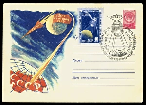 Drucke von Luna-3, sowjetisches Postkarte. Der Briefumschlag und die Marke (beide oben rechts) zeigen das Luna-3-Raumfahrzeug und die Datum (7) Bilder Datiert 2010 Mai: Luna 3, sowjetisches Postkarte