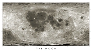 Drucke von Mondkarte. Karte, die den nahe und fernen Seiten des Mondes nach Daten zeigt, die von unbemannten US-Raumsonden erworben wurden, die im frühen 21. Jahrhundert um den Mond kreisten Bilder Datiert 2012 Januar: Lunar map