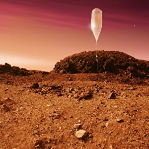 Drucke von Die Erforschung der Marsballoonschleife. Kunstwerk eines unbemannten Balons, der sich vom roten Planeten am Sonnenaufgang erhöht. Dies könnte eine zukünftige Methode zur Erkundung des Mars sein Bilder Datiert 2003 November: Raketenballonuntersuchung auf Mars