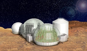 Drucke von Eine Basis auf dem Mars, mit Kunstwerken einer Basis am Mars, in einem Zelte Pflanzen die Sauerstoff und Kohlendioxid absorbieren und im zweiten Zelt Menschen sind Bilder Datiert 2013 November: Marsbasis, Kunstwerk C018/0284