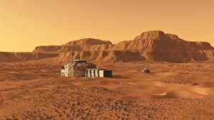 Drucke von Eine Basis auf dem Roten Planeten könnte aus vorgefertigten Abschnitten oder Materialien, die mit Ressourcen des Mars hergestellt werden können, gebaut werden Bilder Datiert 2013 Dezember: Marsbasis, Kunstwerk C018/8567