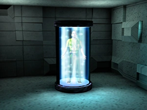 Drucke von Materietransporter. Computerart von einem Mann im Materietransporter hat den Skelett seiner Person enthüllt. Der Transportprozess hat seine Knochen offen gelegt Bilder Datiert 2003 November: Materietransporter