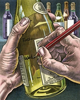 Drucke von Messen Sie den Alkoholkonsum. Kunstwerk, das die Messung des täglichen Alkoholkonsums darstellt. Zu viel Alkohol zu trinken kann zu Abhängigkeit und Gesundheitsproblemen führen können Bilder Datiert 2005 November: Messen von Alkoholkonsum und Kunstwerk