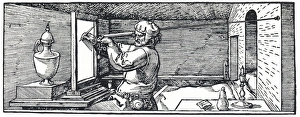 Drucke von Messung der Perspektive für Kunst. Dieses Holzschnitt wurde von dem deutschen Künstler Albrecht Dürer (1471-1528) geschaffen Bilder Datiert 2006 Februar: Messung der Perspektive für Kunst