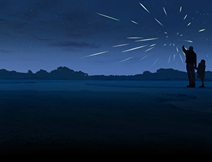 Drucke von Ein Paar von Figuren (Rechnererzeugt)beobachtet die Nachtsternenhimmel während eines Meteor-Schauer Bilder Datiert 2012 Juli: Schnupfenregen