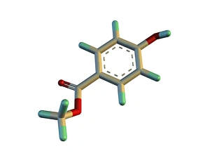 Drucke von Molekularrepräsentation von Methylparaben, einer Estere der Parahydroxybenzoatsäure. Sie werden häufig im Kosmetik- und Medizinprodukte verwendet Bilder Datiert 2012 Oktober: Methylparabensäuremolekül
