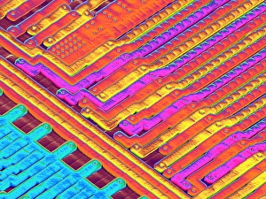 Drucke von Microchipoberfläche. Farbige Rasterelektronenmikroskopaufnahme (SEM) einiger der vielen Spuren, die auf der Oberfläche eines Mikrochips eingegraviert sind Bilder Datiert 2004 Juni: Mikrochips Oberfläche, SEM