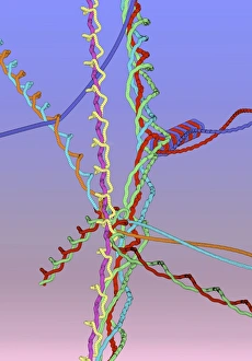 Drucke von Molekülkollosionen. Computermodell von Molekülen in einem 2-dimensional Bereich. Die farbigen Spuren zeigen die sukzessiven Positionen der Atome jedes Moleküls an Bilder Datiert 2004 Januar: Molekularkollosionen