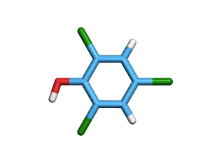Drucke von Zusammensetzungsstoff des TCP-Antiseptikums. Computermodell eines Moleküls von 2., 4., 6.-Trichlorkphenol (Komponente im kommerziell erhältlichen Antiseptikum TCP) Bilder Datiert 2005 November: Molekül eines Bestandteils des Antiseps von TCP