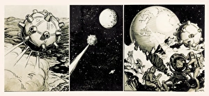 Drucke von Mondflug wie er im Comicstrip der dreißiger Jahre dargestellt wird Bilder Datiert 2004 Dezember: Mondflug-Komik