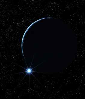 Drucke von Mond und Stern. Kunstwerk eines hellesteren Sterns in der Nähe des Kreisbogens Mondes, sichtbar aus dem Weltraum Bilder Datiert 2001 Februar: Mond und Stern