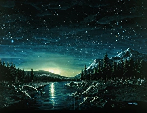 Rocky Valley Landscape Drucke: Moonrise over river