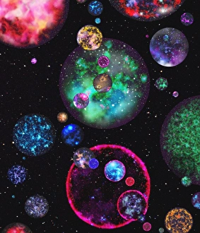 Drucke von Viele Universen, konzeptuelles Computerkunstwerk. Einige Physiker glauben, dass es eine unendliche Anzahl paralleler Universen gibt, die für jeden möglichen Quanteneinheitsausgang geschaffen wurden Bilder Datiert 2005 April: Viele Universen