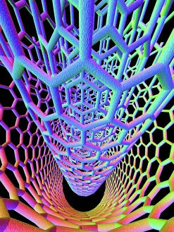 Drucke von Nanotechnologie der Nanoröhren: Computerbildung von vier zylindrischen vollständigen Fullerenen (Kohlenwasserstoff-Nanonröhrern) mit unterschiedlichen Größen Bilder Datiert 2010 Januar: Nano-Tubentechnologie