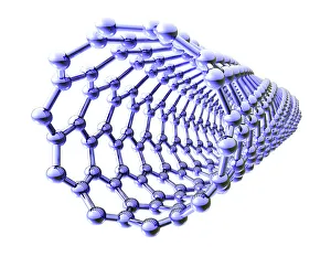Drucke von Nanotubentechnologie. Computerzeichnung einer zylindrischen Fullerene-Molekül (Karbonnanottube). Die hexagonale Kohlenstoffstruktur der Nanottube ist hier dargestellt Bilder Datiert 2007 November: Nanotubentechnologie, Computerkunstwerk