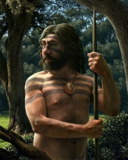 Homo Sapiens V Homo Neanderthalensis Drucke: Neanderthal with shell ornament, artwork
