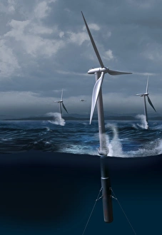 Drucke von Meereswindwerk im Sturm, Computerkunstwerk Bilder Datiert 2011 Mai: Windfarm außerhalb der Küste im Sturm, Kunstwerk