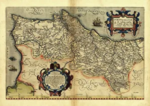 Drucke von Der von dem flämischen Kartenmacher Abraham Ortelius im Jahr 1570 erstellte Weltatlas. Dieser Atlas ist Teil der ersten Ausgabe des Theatrum orbis terrarum (Theater of the World) O Drucke: Karte von Ortelliuss über Portugal aus dem Jahr 1570