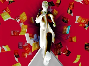 Drucke von Überlastet, Konzeptkunstwerk des Computers mit einem Mann, der vor Papierrennen läuft. Dies könnte eine Reaktion auf einen Überarbeitungsüberlastung darstellen Bilder Datiert 2004 Juli: Overworked