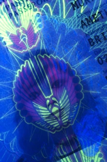 Drucke von Pässigewicht unter UV-Licht. Nahe Aufnahme einer Bietafeln Seite aus einem britischen Pässchen Bilder Datiert 2010 April: Passeport unter UV-Licht