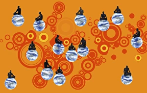 Drucke von Philosophie, konzeptuelle Computerkunstwerke. Denker auf Globen sitzen und über die Welt nachdenken Bilder Datiert 2006 März: Philosophy