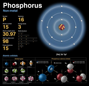 Drucke von Argon (Ar). Diagramm des Atomkerns mit der Kernkomposition und Elektronenkonfiguration sowie chemischen Daten und Valenzorbitalen eines Argonatoms (Masszahl: 40) Bilder Datiert 2013 Dezember: Phosphor, atomarer Struktur C18/3696