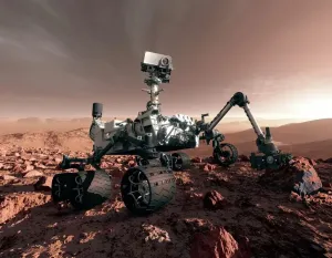 Drucke von NASA's next Mars rover, die Curiosität-Roboterin , wird am Fuße eines geschichteten Berges im Inneren des Planetenkraters Gale landen. Die Startzeit ist für November/Dezember 2011 geplant Erforschung Des Weltraums Drucke: Rover der Neugier, Kunstwerk