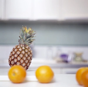 Drucke von Zitronen und Ananassen. Zitronen (Citrus sinensis) und Ananassen (Ananas sp.) sind gute Quellen für den Nährstofffasergehalt und Vitamin C Bilder Datiert 2003 November: Ananas und Orangen