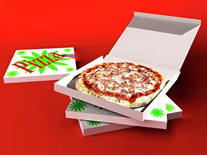 Drucke von Pizze, Computerkunstwerk Bilder Datiert 2005 Mai: Pizzaboard im Karton, Computerkunstwerk